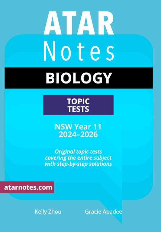 NSW Year 11 Biology Topic Tests by ATAR Notes, with a blue cover, 'BIOLOGY' on black and 'TOPIC TESTS' on purple.