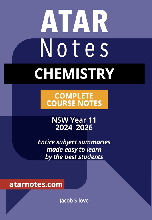 Complete Chemistry course notes for NSW Year 11 (2024-2026) by ATAR Notes, featuring a dark blue and purple cover with white and orange text.
