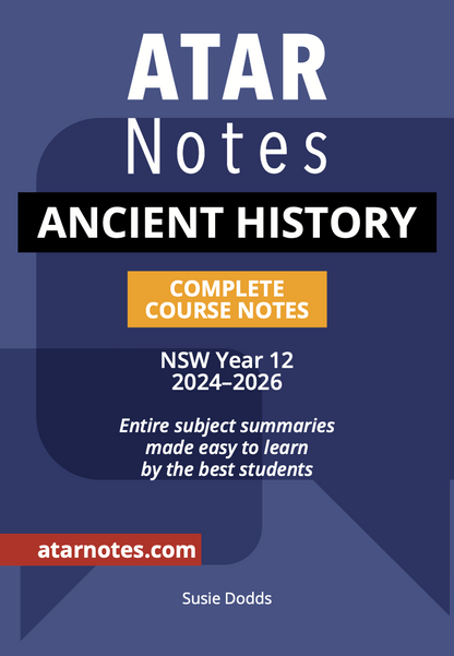 Ancient History Course Notes by ATAR Notes, featuring a dark blue cover with white, orange, and red text.