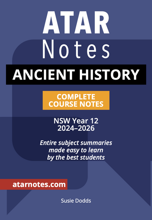 Ancient History Course Notes by ATAR Notes, featuring a dark blue cover with white, orange, and red text.