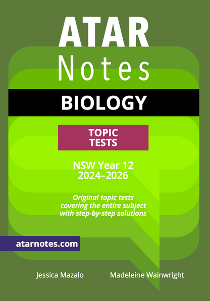 Green Biology Topic Tests by ATAR Notes for NSW Year 12 2024-2026, featuring authors Jessica Mazalo and Madeleine Wainwright.