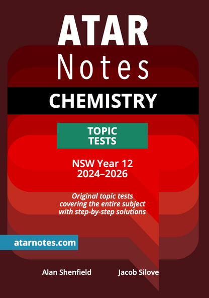 Chemistry Topic Tests by ATAR Notes, featuring a red and black cover with white text including 'NSW Year 12 2024-2026' and a green 'TOPIC TESTS' button.