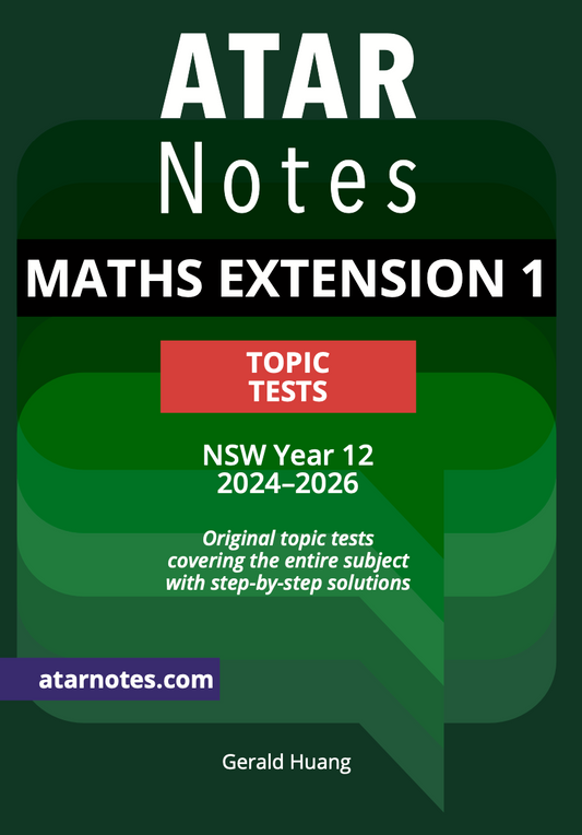 Mathematics Extension 1 Topic Tests with a green cover by ATAR Notes, showing white and red text for NSW Year 12, 2024-2026.