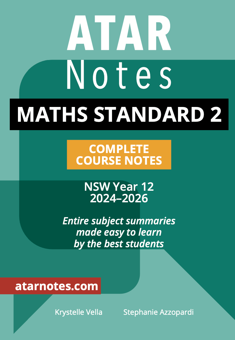 HSC Year 12 Maths Standard 2 Course Notes (2024-2026) by ATAR Notes, on a teal and dark green cover with white and orange text.