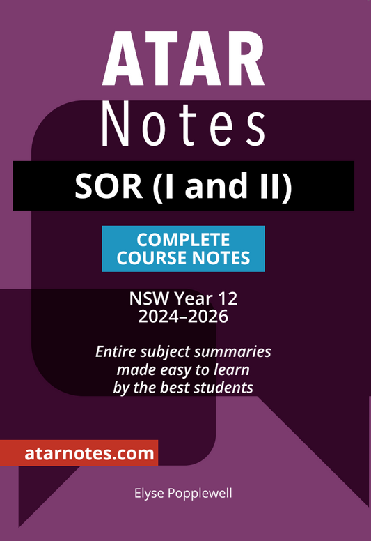 Complete Course Notes for HSC Year 12 Studies of Religion (SOR I and II) 2024-2026 by ATAR Notes, featuring a dark purple and black cover with white text.