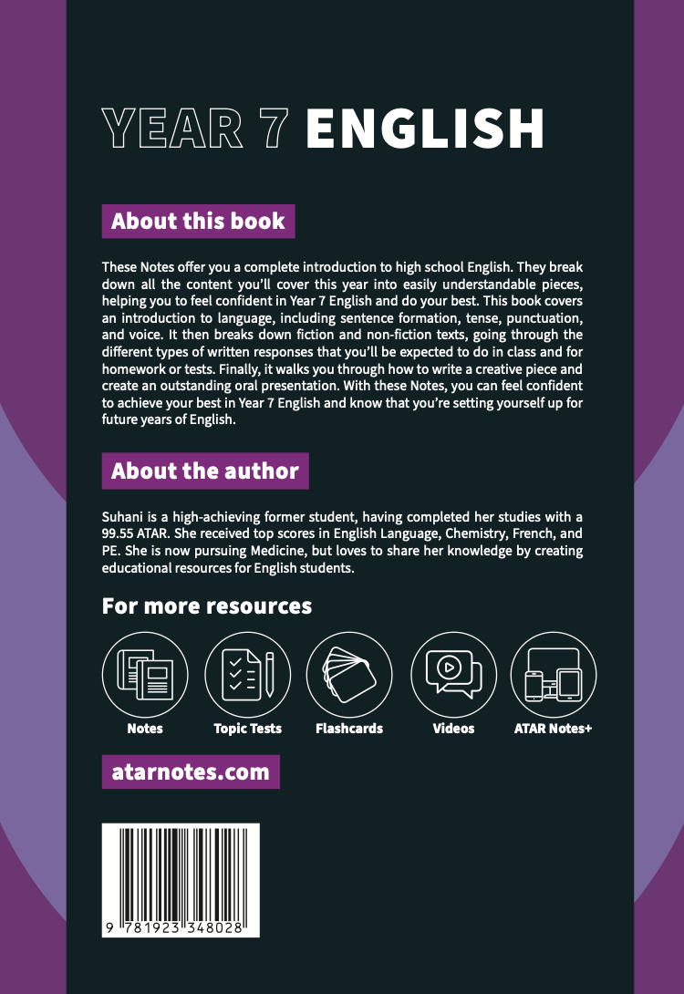 Year 7 English Course Notes by ATAR Notes, with a dark background, purple highlights, and text detailing the book, author, and digital resources.