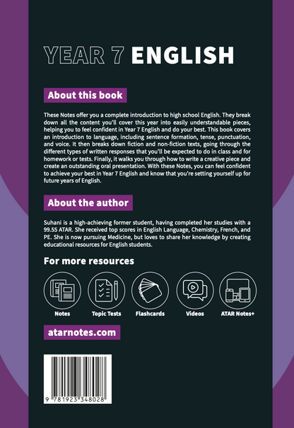 Year 7 English Course Notes by ATAR Notes, with a dark background, purple highlights, and text detailing the book, author, and digital resources.