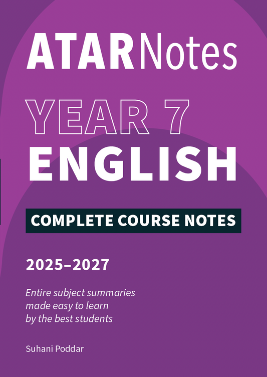 Year 7 English Course Notes 2025-2027 by ATAR Notes, with a purple cover, white text, and a green 'Complete Course Notes' banner.