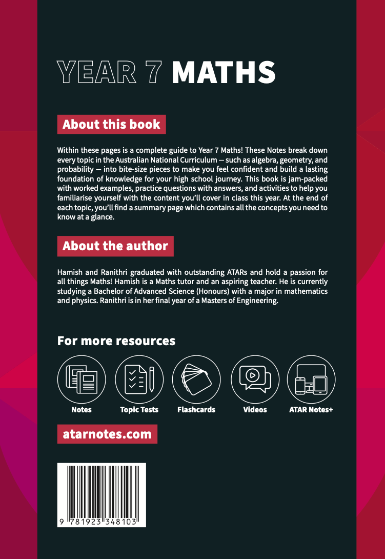 Year 7 Maths Complete Course Notes by ATAR Notes, with a dark gray background, white title, red headers, resource icons, and barcode.