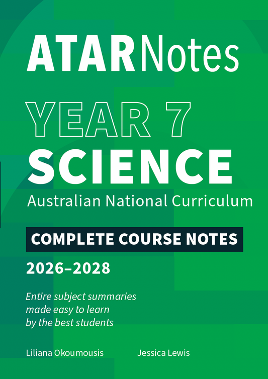 Year 7 Science Complete Course Notes by ATAR Notes, 2026-2028 edition, with a vibrant green cover, white text, and a black bar.