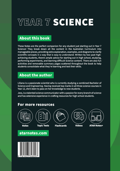 Year 7 Science Complete Course Notes by ATAR Notes, featuring a dark green design with white text, green highlights, and a barcode.