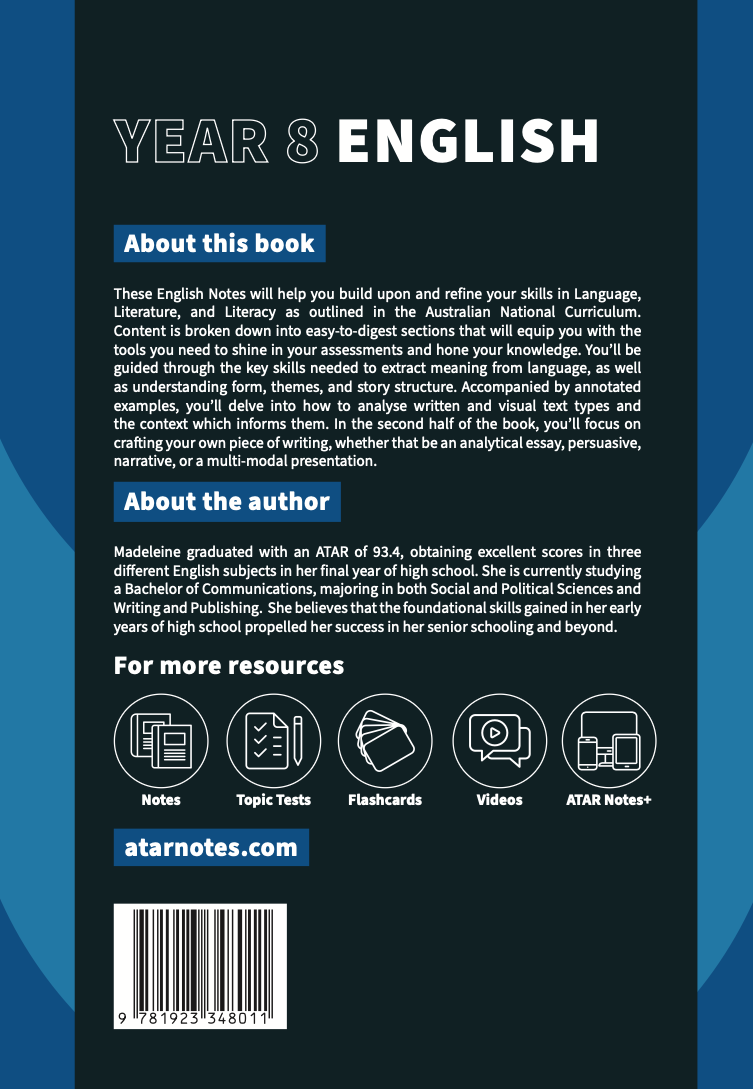 Year 8 English Course Notes book by ATAR Notes, with a dark background and blue wave design.