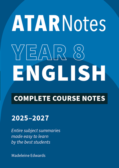 Blue Year 8 English Course Notes by ATAR Notes, featuring 'Complete Course Notes 2025-2027' and author Madeleine Edwards on the front cover.