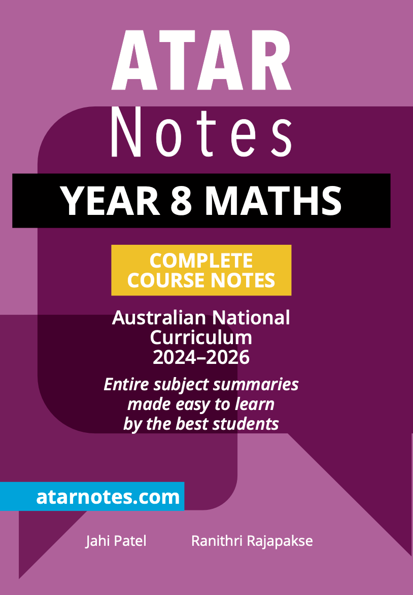 Year 8 Maths Complete Course Notes for 2024-2026 by ATAR Notes, with a purple and black cover featuring white and yellow text and author names.