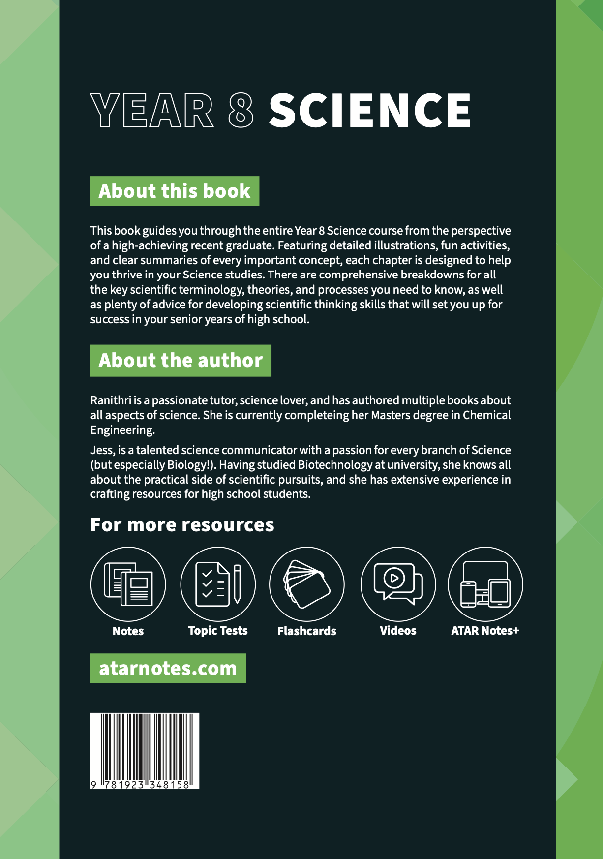 Year 8 Science Course Notes with a dark green cover by ATAR Notes, featuring white title text and icons for learning resources.
