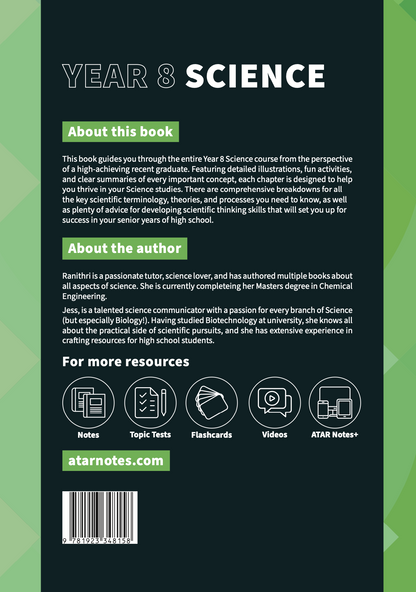 Year 8 Science Course Notes with a dark green cover by ATAR Notes, featuring white title text and icons for learning resources.