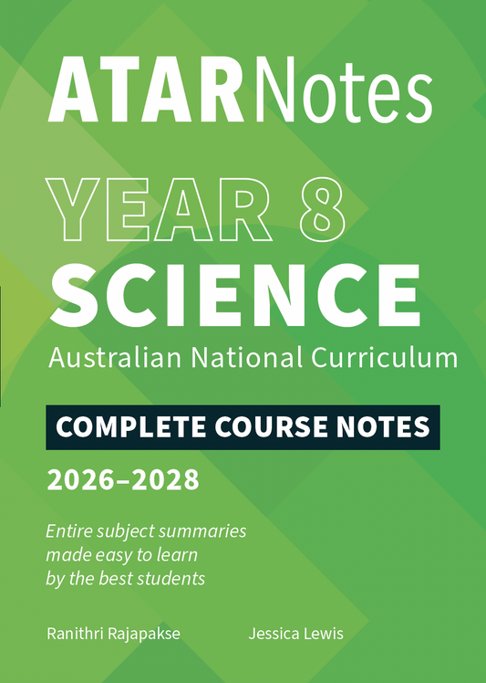 Year 8 Science Complete Course Notes for 2026-2028 by ATAR Notes, on a green background with white and black text, featuring a subtle geometric pattern.