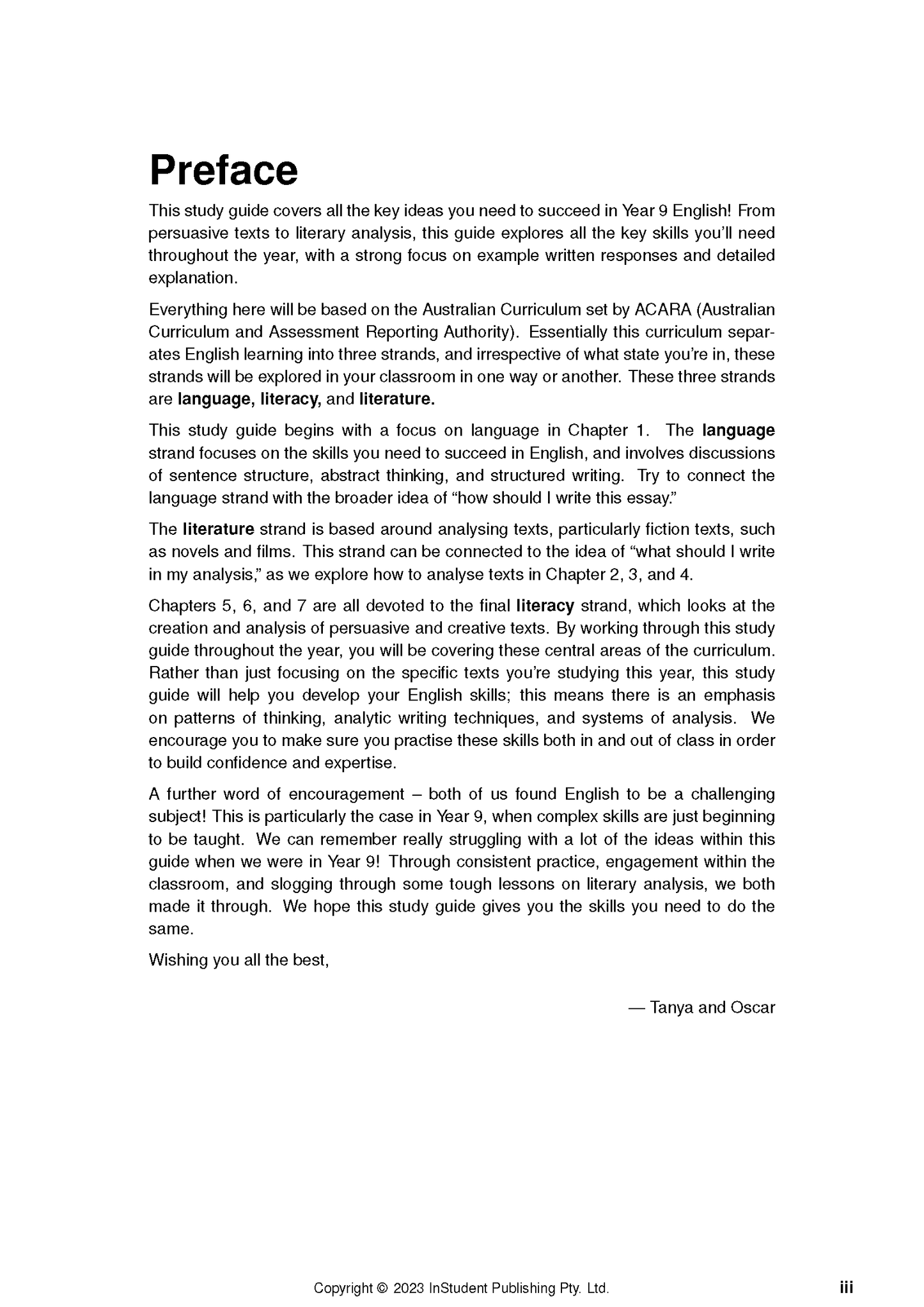 Year 9 English Course Notes by ATAR Notes, showing a white page with black text from the "Preface" section and author signatures.