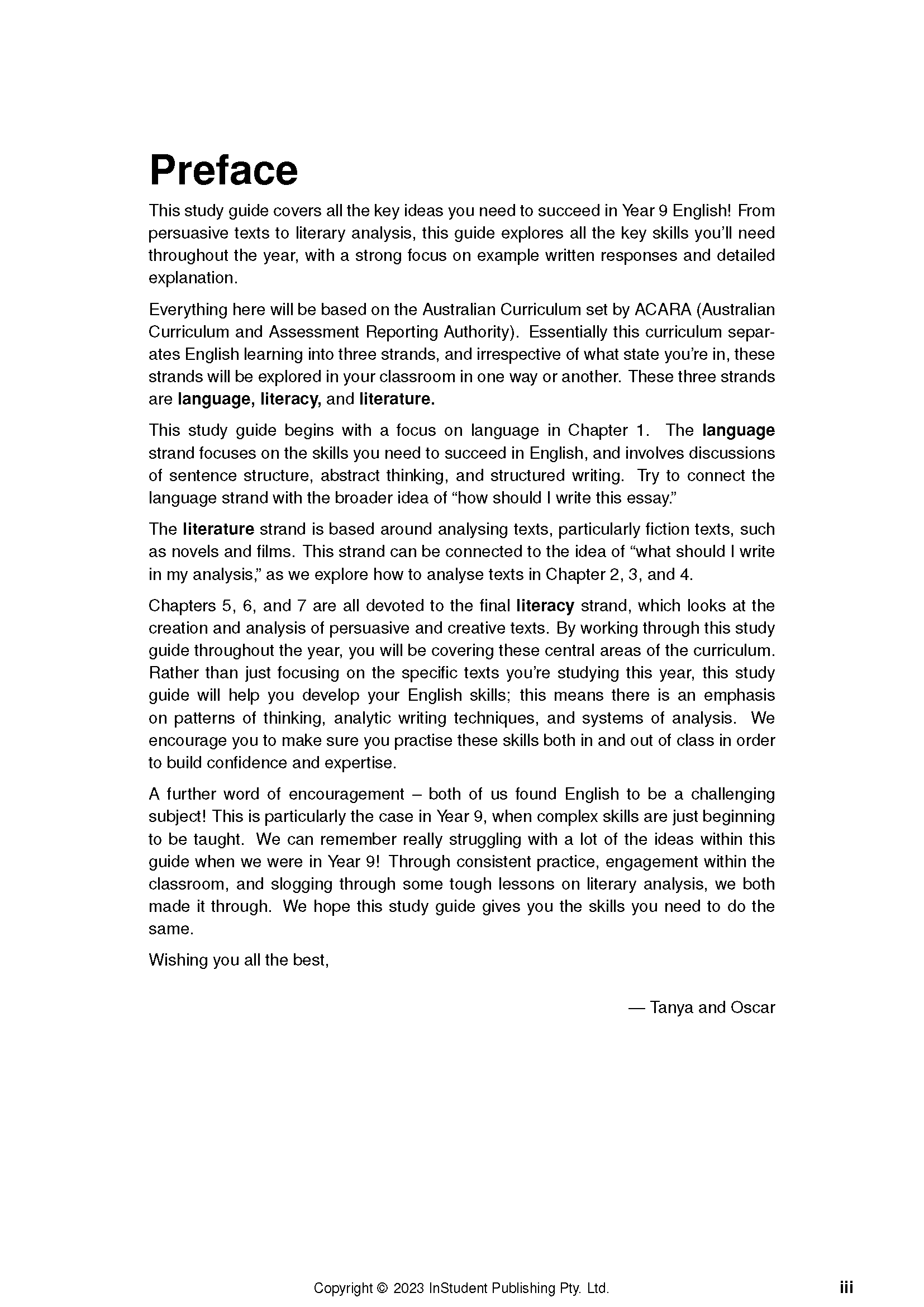 Year 9 English Course Notes by ATAR Notes, showing a white page with black text from the "Preface" section and author signatures.