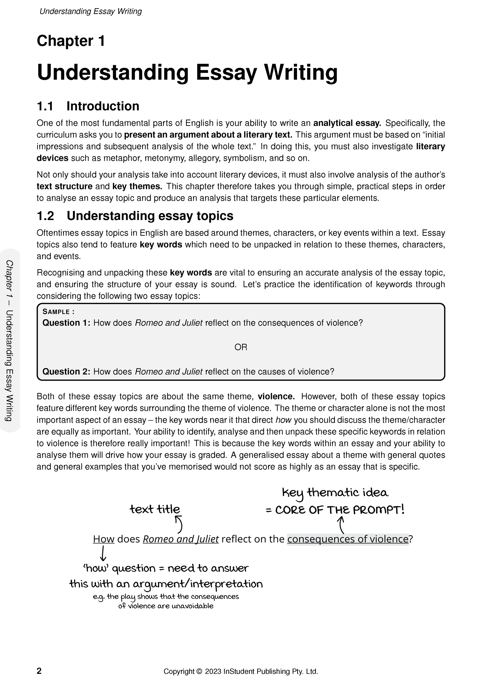 Year 9 English Course Notes by ATAR Notes, displaying a page about essay writing with sample questions and handwritten annotations.