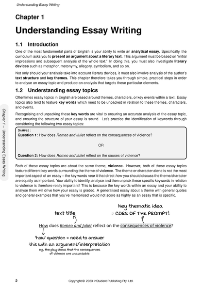 Year 9 English Course Notes by ATAR Notes, displaying a page about essay writing with sample questions and handwritten annotations.
