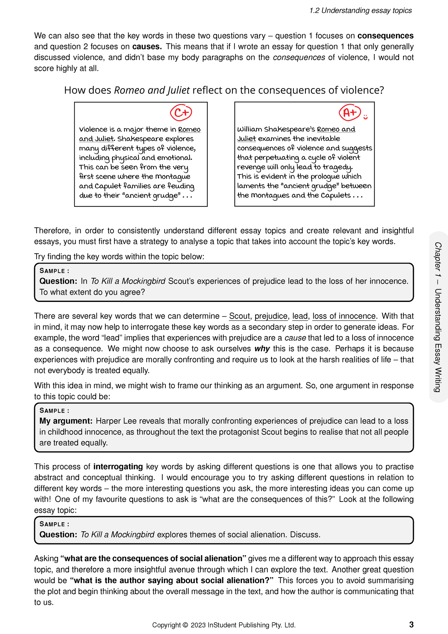 White page from Year 9 English Course Notes by ATAR Notes, displaying black text on essay topics and handwritten red grades.