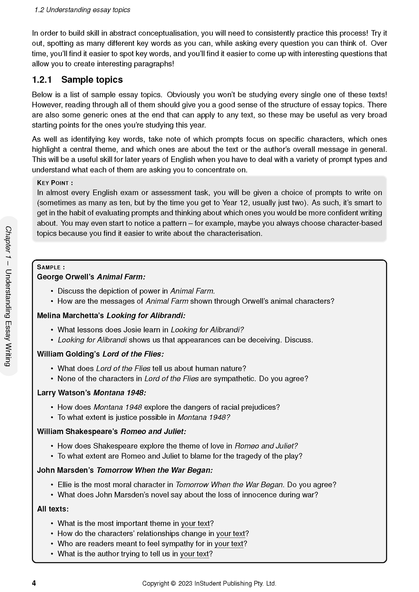 English Course Notes by ATAR Notes, featuring a page on understanding essay topics with sample prompts and a gray key point box.