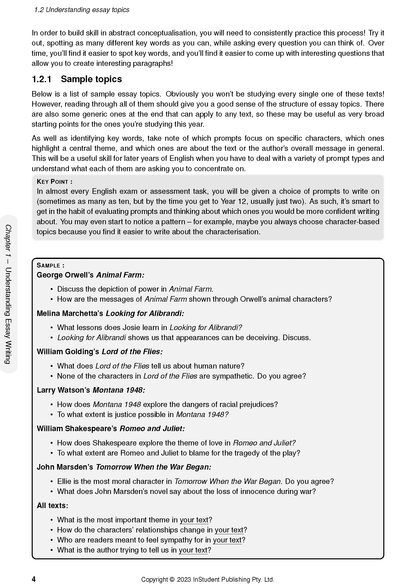 English Course Notes by ATAR Notes, featuring a page on understanding essay topics with sample prompts and a gray key point box.