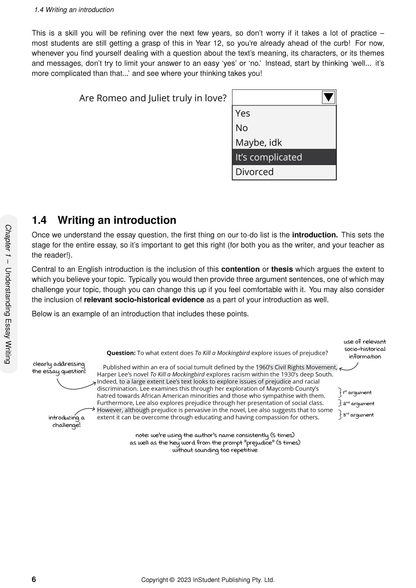 English Course Notes by ATAR Notes, displaying instructions for essay writing and an annotated example introduction.