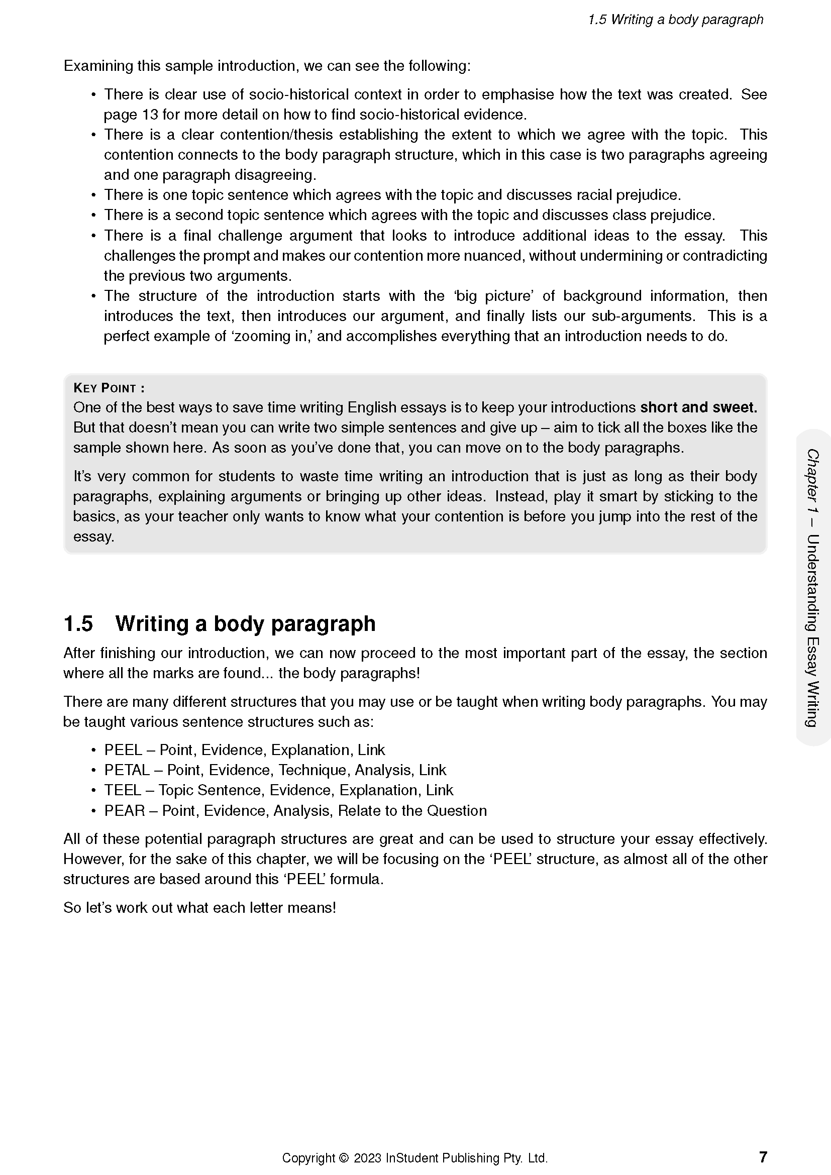 English Course Notes by ATAR Notes, displaying a white page with black text, 'Writing a body paragraph' heading, and a 'KEY Point' box.