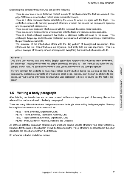English Course Notes by ATAR Notes, displaying a white page with black text, 'Writing a body paragraph' heading, and a 'KEY Point' box.