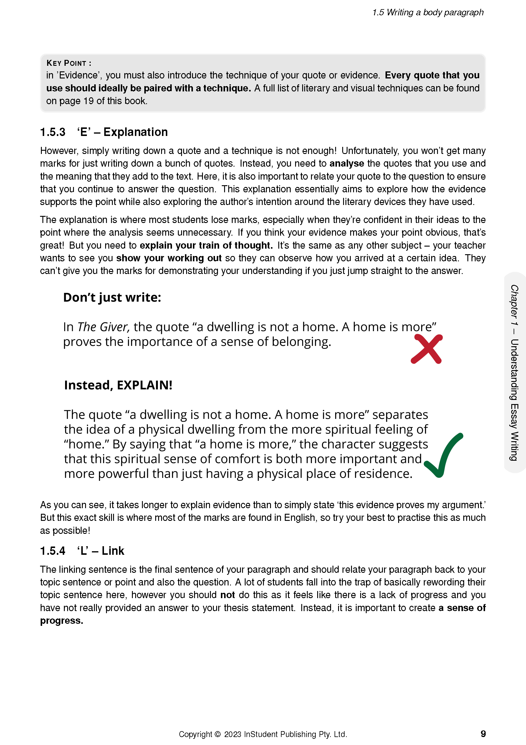 Year 9 English Course Notes by ATAR Notes, showing a page with writing technique examples, red X, and green checkmark.