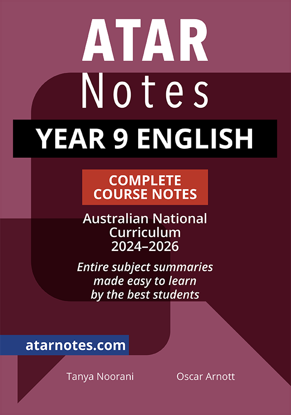 Year 9 English Course Notes (2024-2026) by ATAR Notes, featuring a maroon and black cover with white text for the Australian Curriculum.