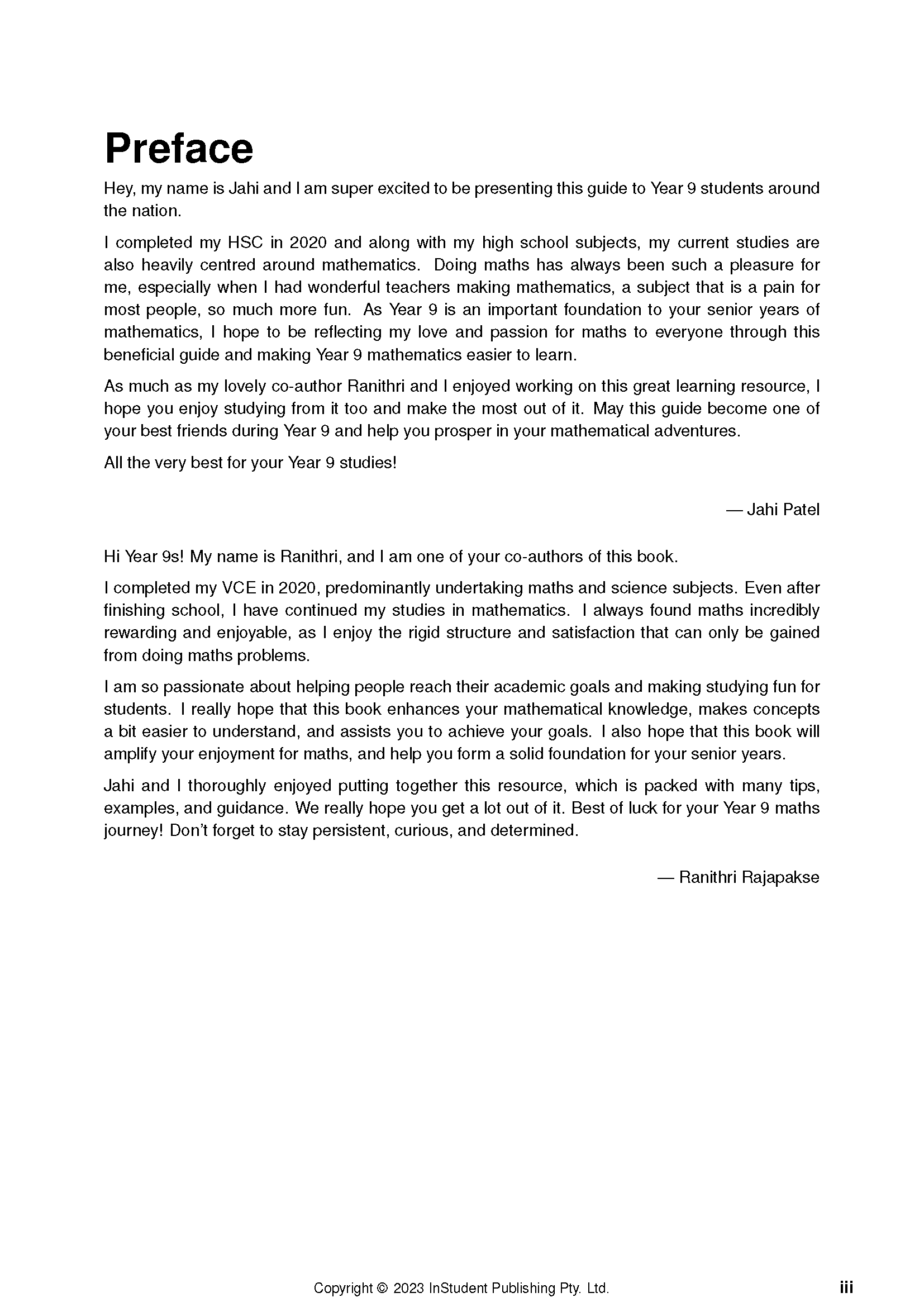 Year 9 Maths Complete Course Notes by ATAR Notes, showing the preface page with author introductions.
