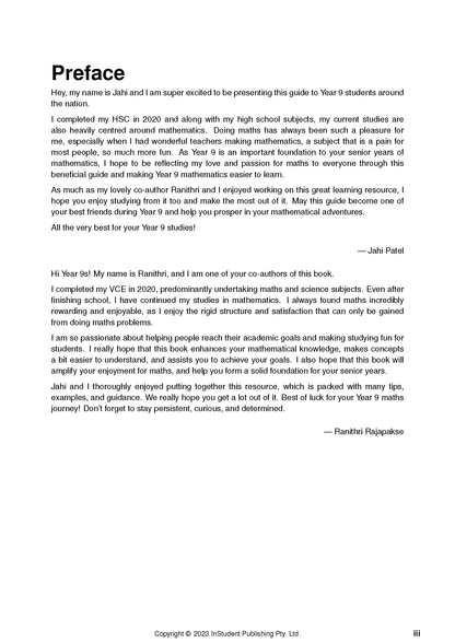 Year 9 Maths Complete Course Notes by ATAR Notes, showing the preface page with author introductions.