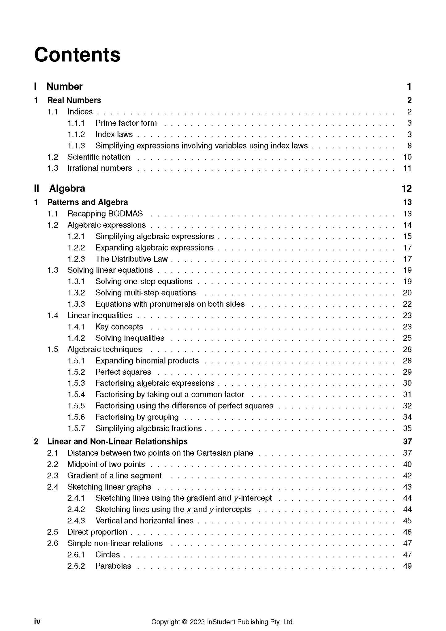 Year 9 Maths Course Notes by ATAR Notes, displaying a contents page with academic topics and page numbers.