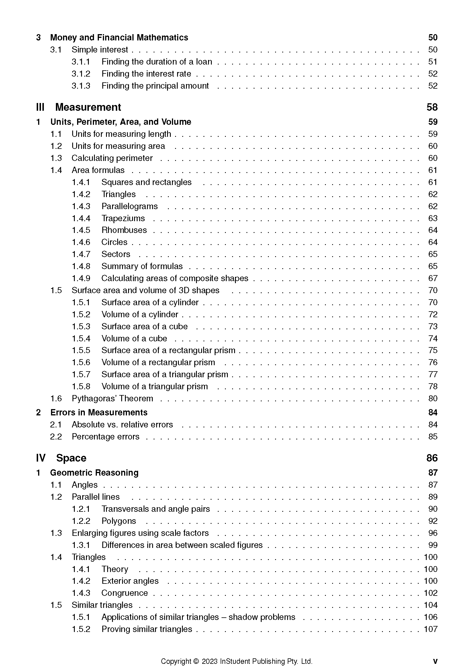 Year 9 Maths Complete Course Notes by ATAR Notes, displaying a table of contents page with chapter titles and page numbers.