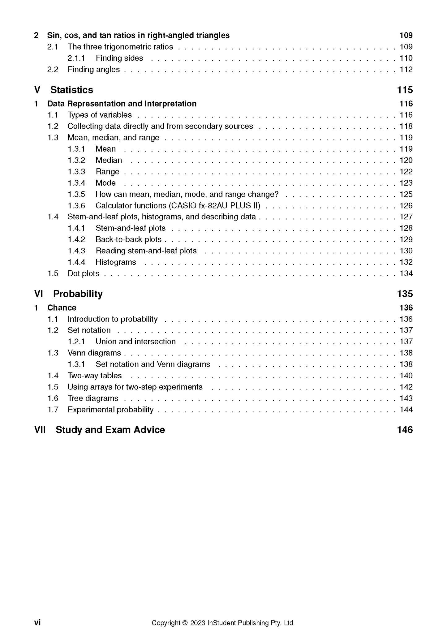 Year 9 Maths Course Notes by ATAR Notes, showing the table of contents with sections on trigonometry, statistics, and probability.