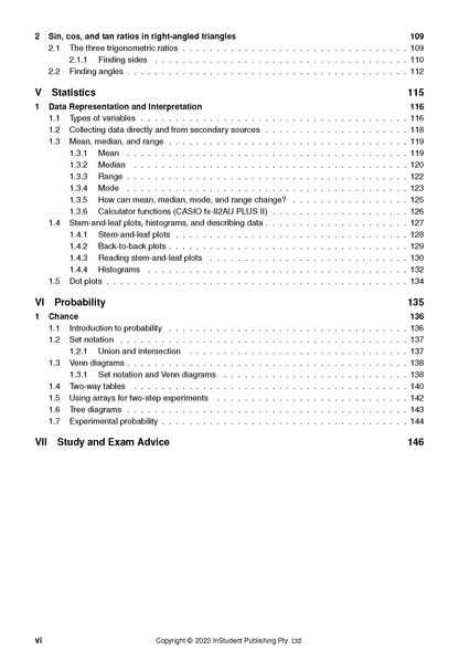 Year 9 Maths Course Notes by ATAR Notes, showing the table of contents with sections on trigonometry, statistics, and probability.