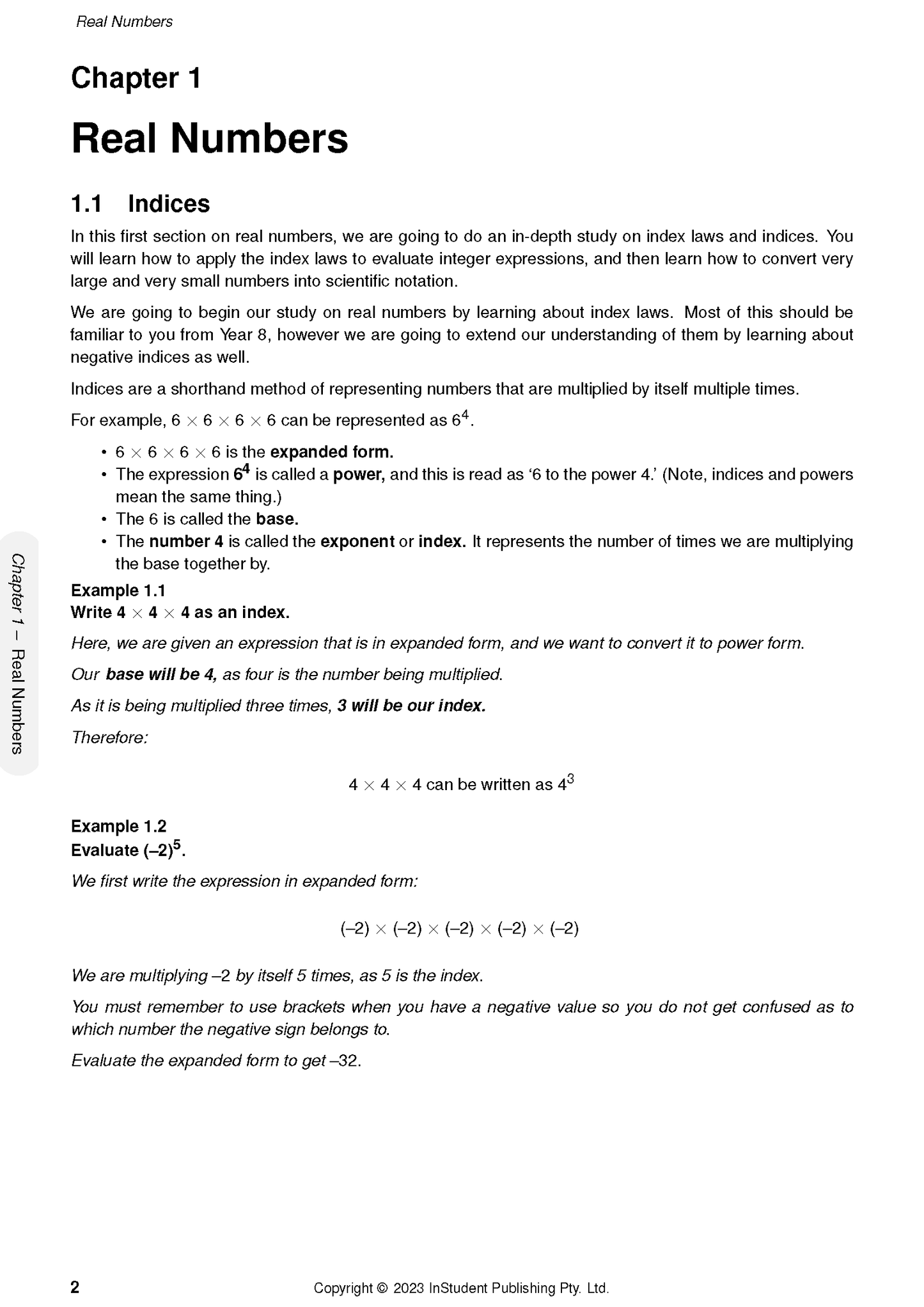 Course notes page by ATAR Notes, displaying Chapter 1 'Real Numbers' with text, examples, and math equations.