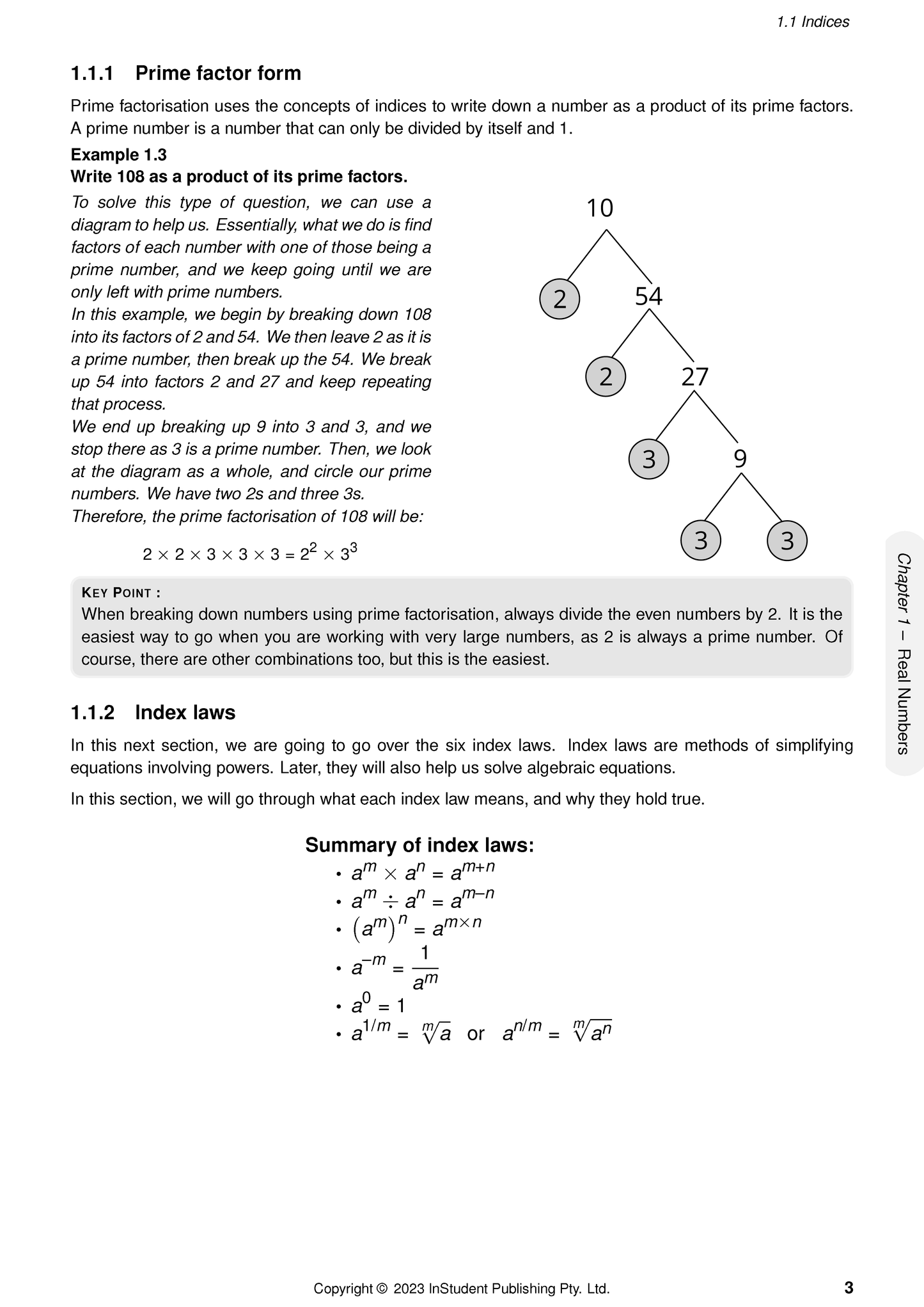 A page from the Year 9 Maths Complete Course Notes (2024-2026) by ATAR Notes, displaying topics on prime factor form and index laws.