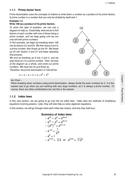 A page from the Year 9 Maths Complete Course Notes (2024-2026) by ATAR Notes, displaying topics on prime factor form and index laws.