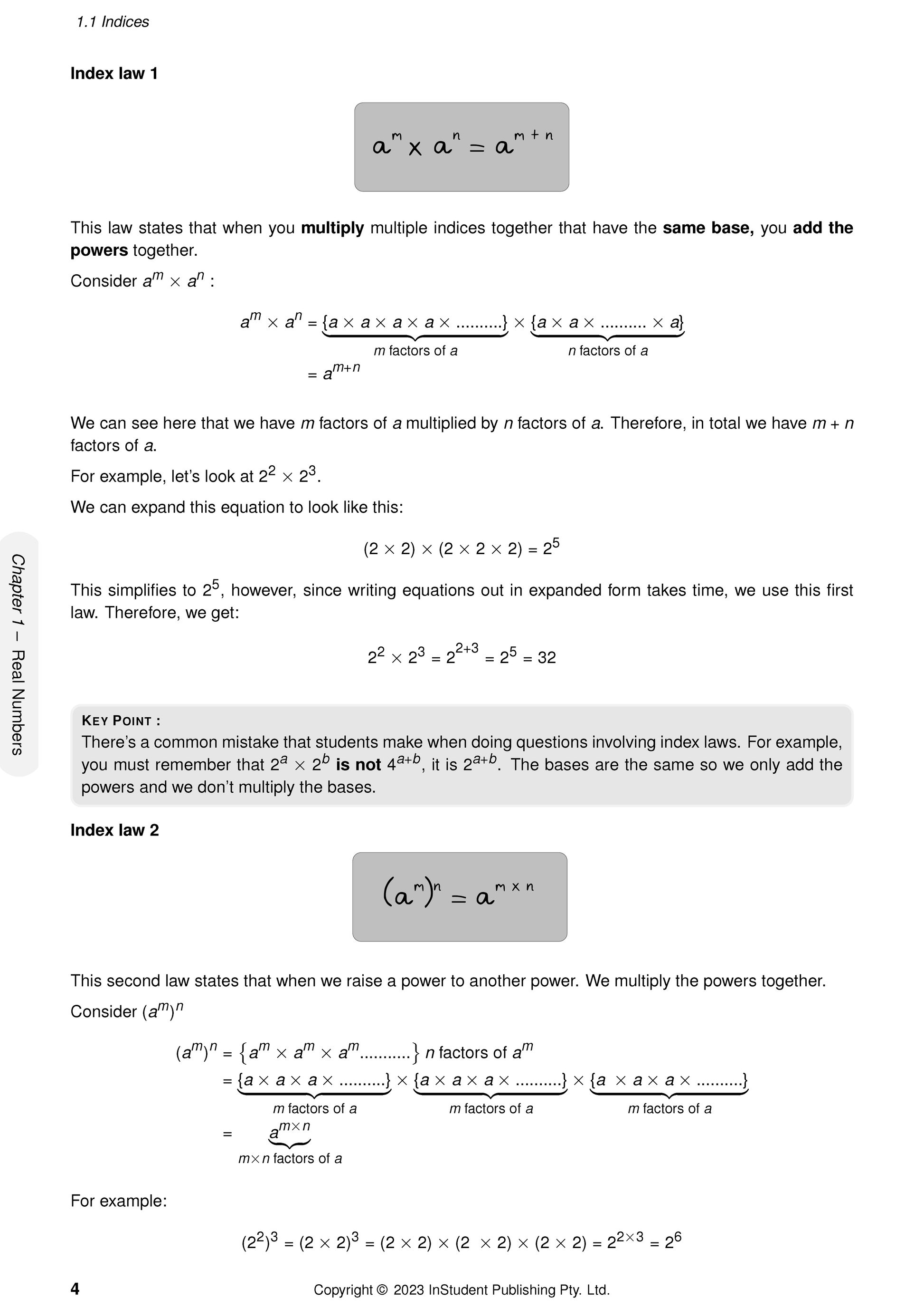 Year 9 Maths Course Notes by ATAR Notes, detailing index laws with formulas and examples on a white page.