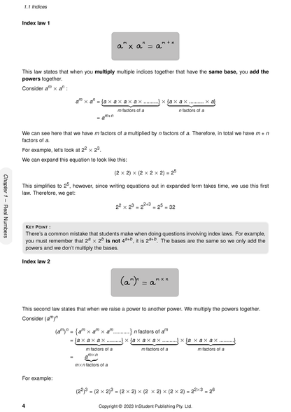 Year 9 Maths Course Notes by ATAR Notes, detailing index laws with formulas and examples on a white page.