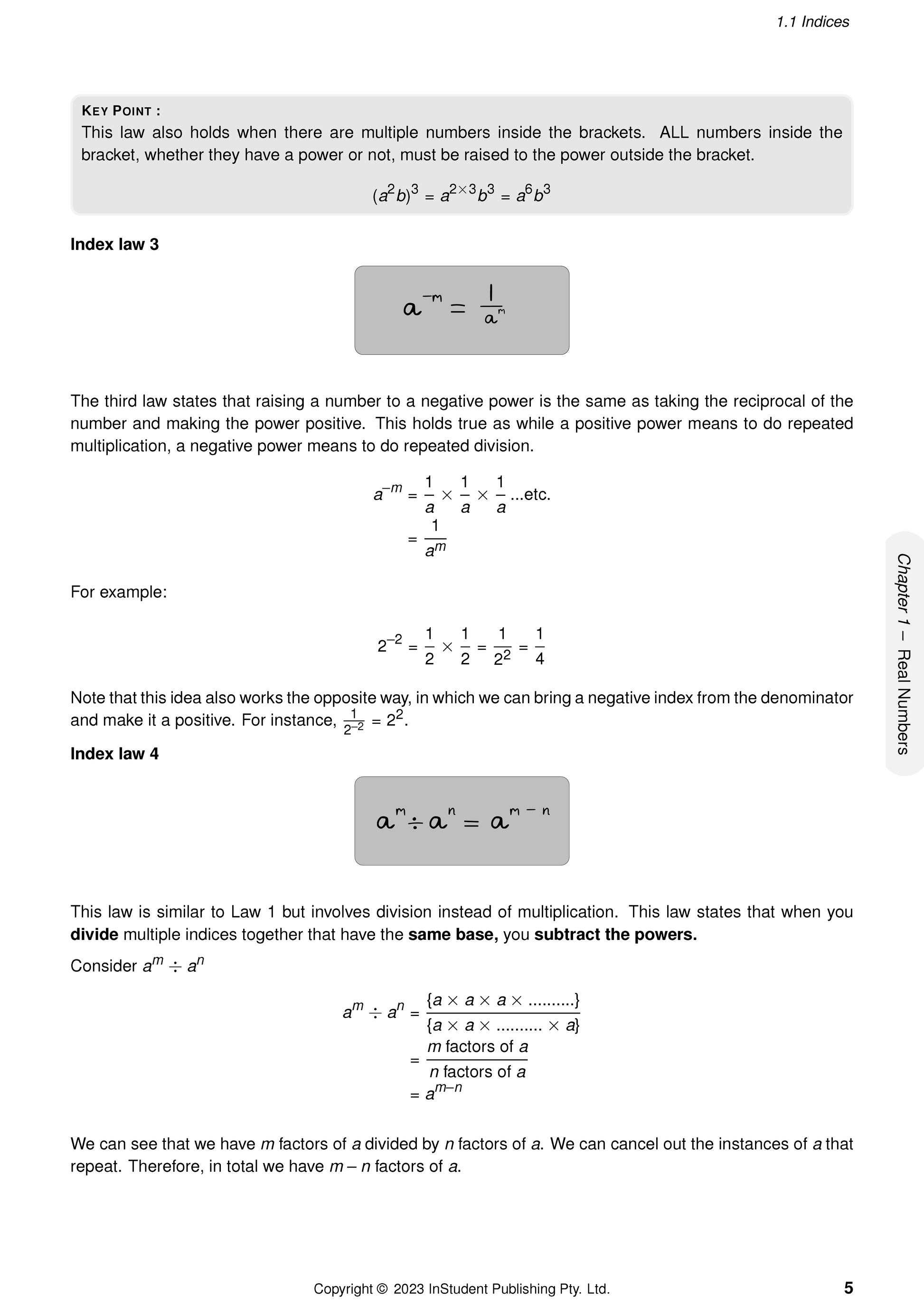 Year 9 Maths Complete Course Notes by ATAR Notes, a page displaying index laws, formulas, and examples.