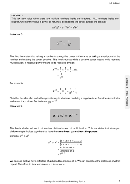 Year 9 Maths Complete Course Notes by ATAR Notes, a page displaying index laws, formulas, and examples.