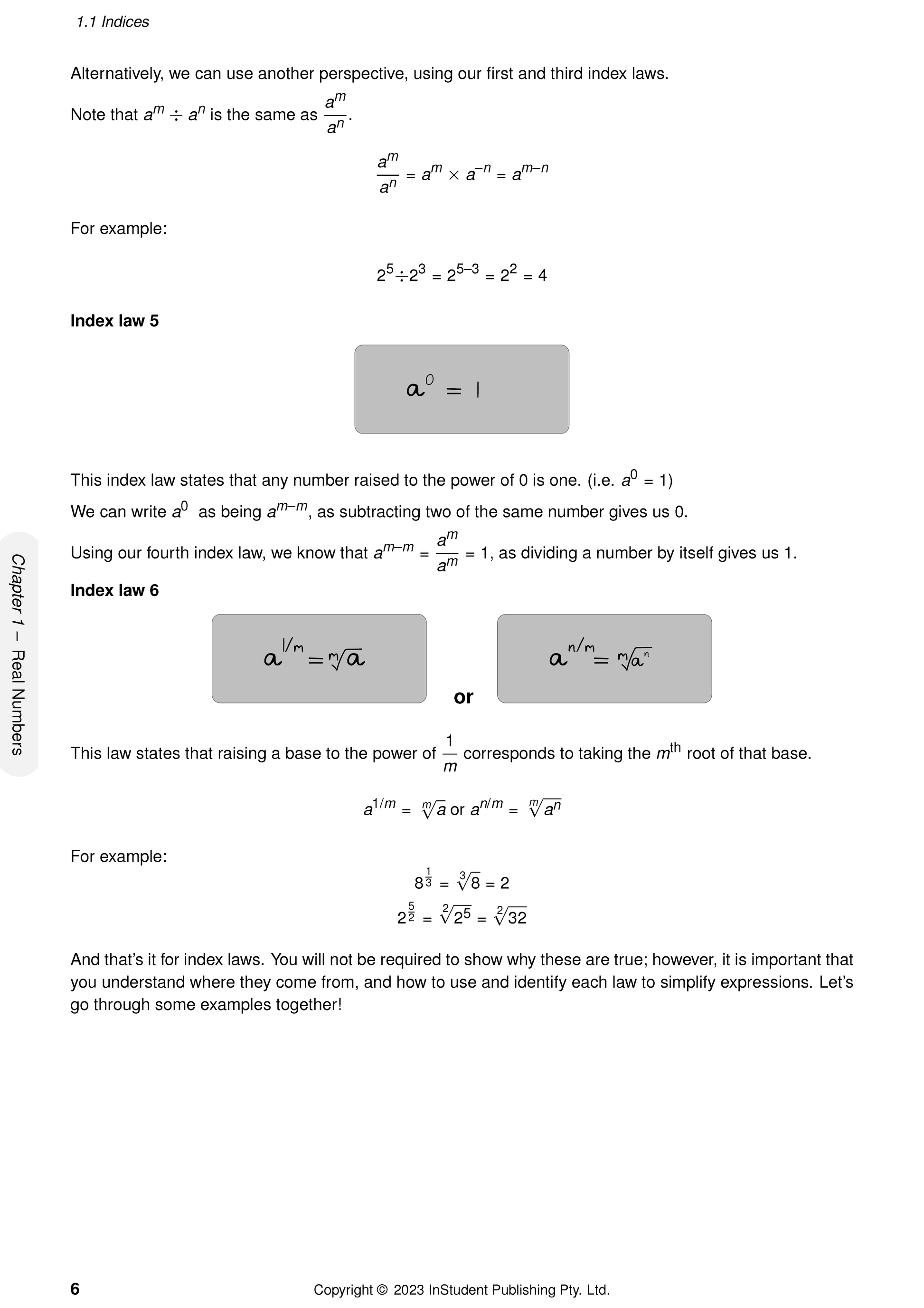 Year 9 Maths Complete Course Notes by ATAR Notes, displaying a page on indices with mathematical equations and highlighted index laws.
