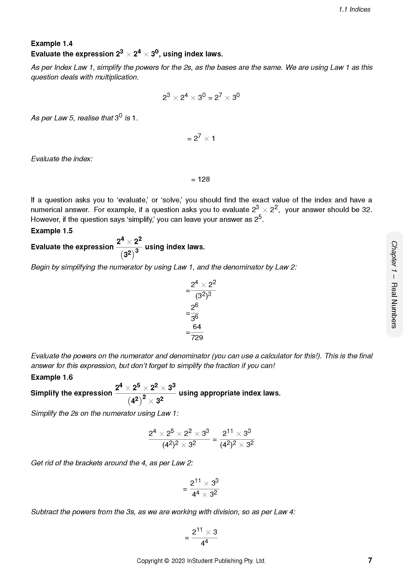 Maths course notes by ATAR Notes, a white page with black text showing examples of index laws.