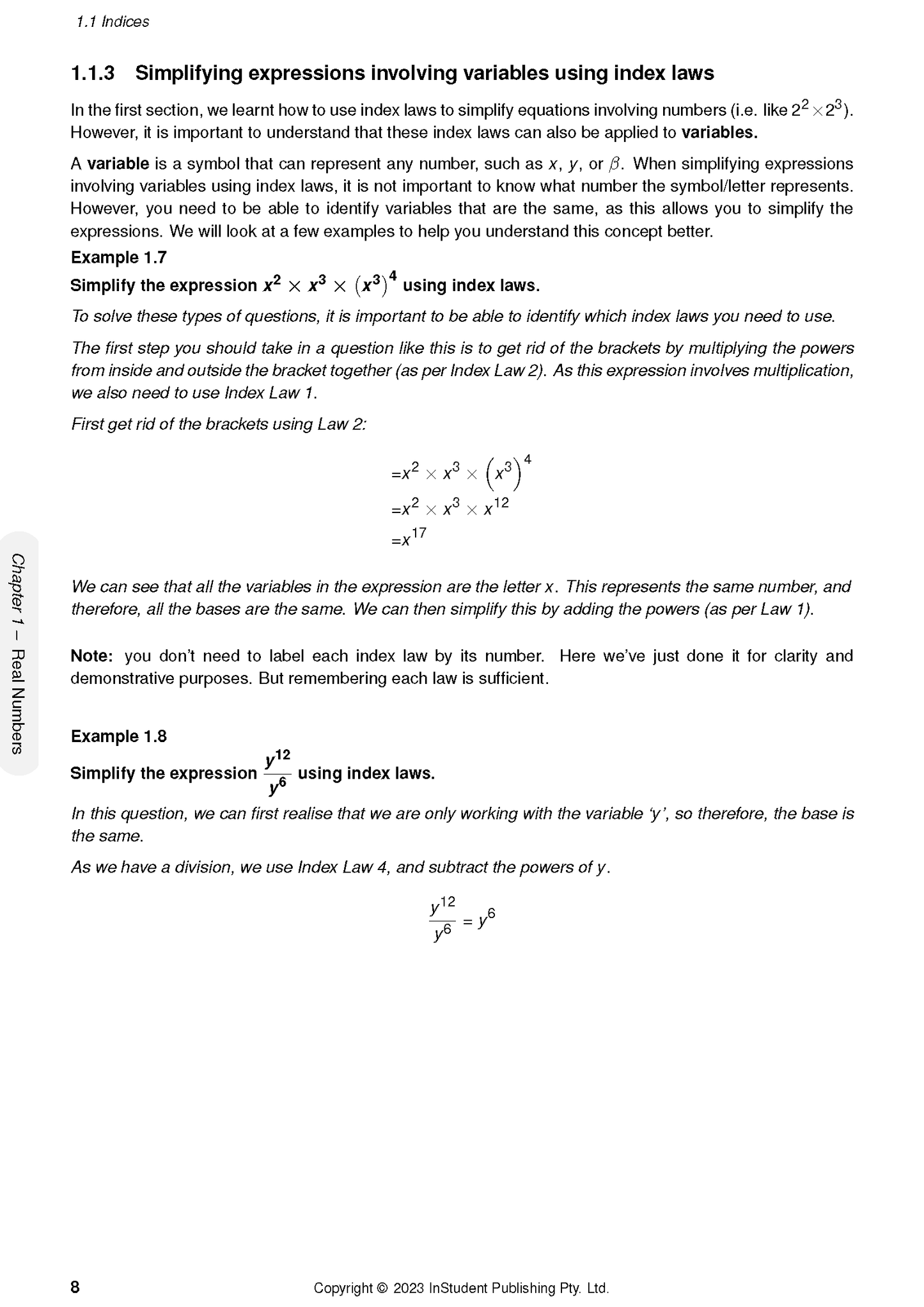 Year 9 Maths Course Notes by ATAR Notes, showing a page on simplifying expressions using index laws.