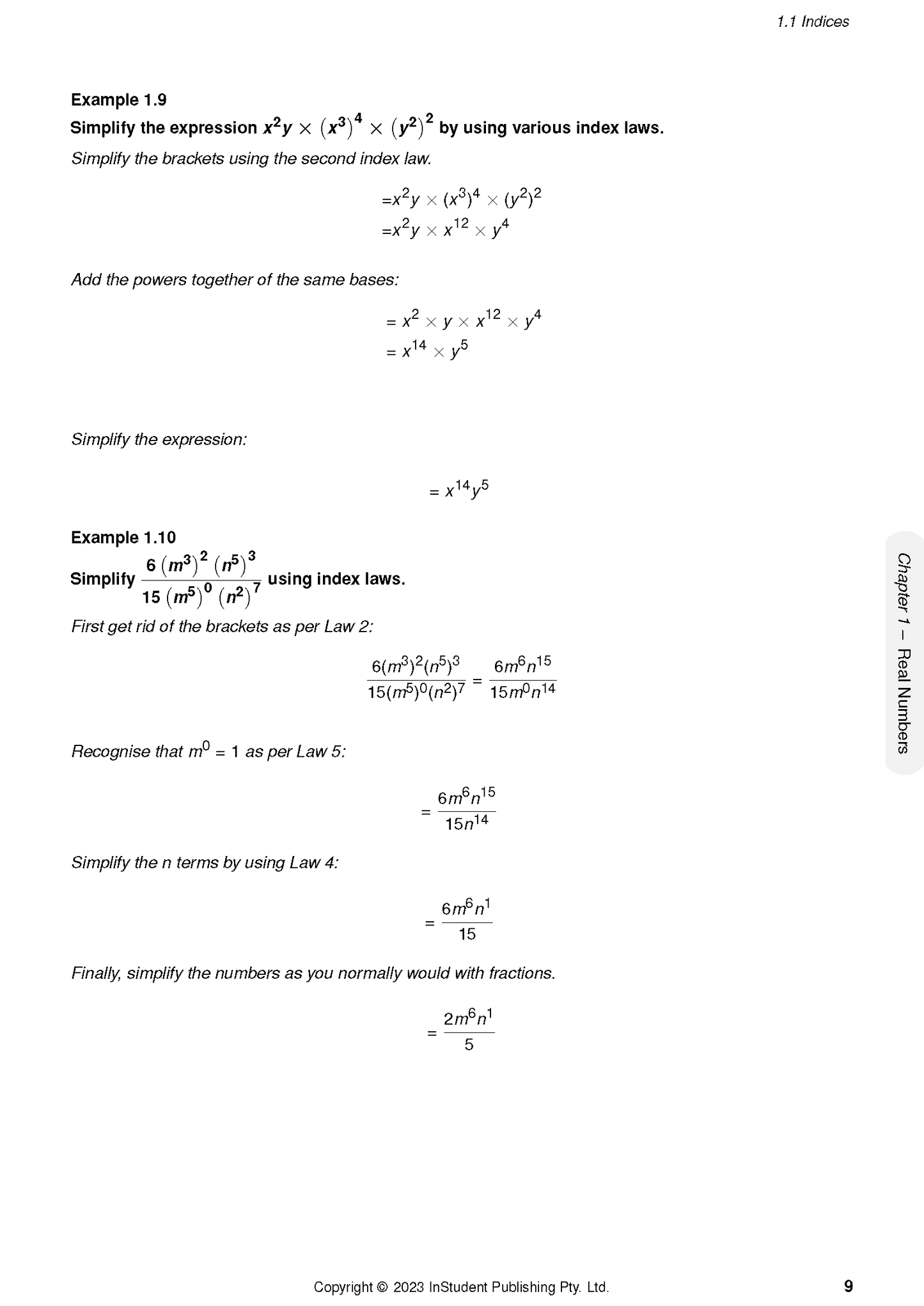 Course notes page by ATAR Notes, displaying index laws examples and calculations from the material.